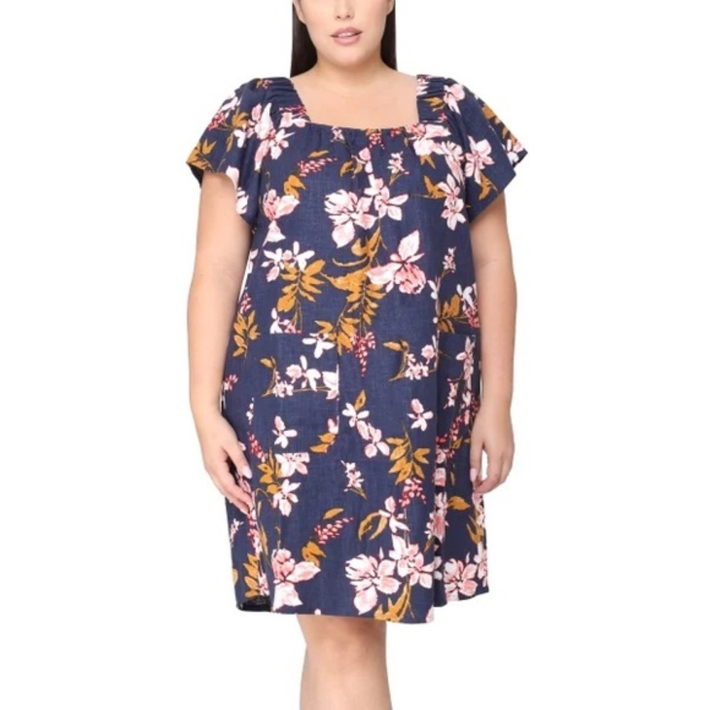 Nicole Miller Blue Floral A-Line Knee Length Linen Blend Print Dress